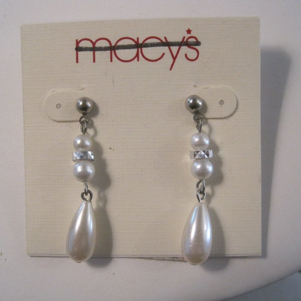 MACY'S SILVER TONE IMITATION PEARL 1.5" DROP POST EARRINGS NEW